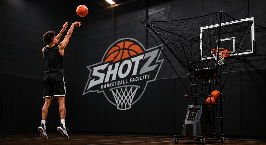 A player shooting at the Shotz Basketball Facility next to a Dr. Dish shooting machine
